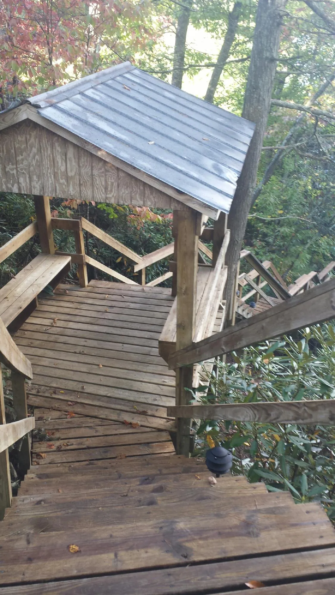 Metal roofed shelter over wooden steps on a wooded walkway — Skylight Repair & Installation work by our crew in Prosser